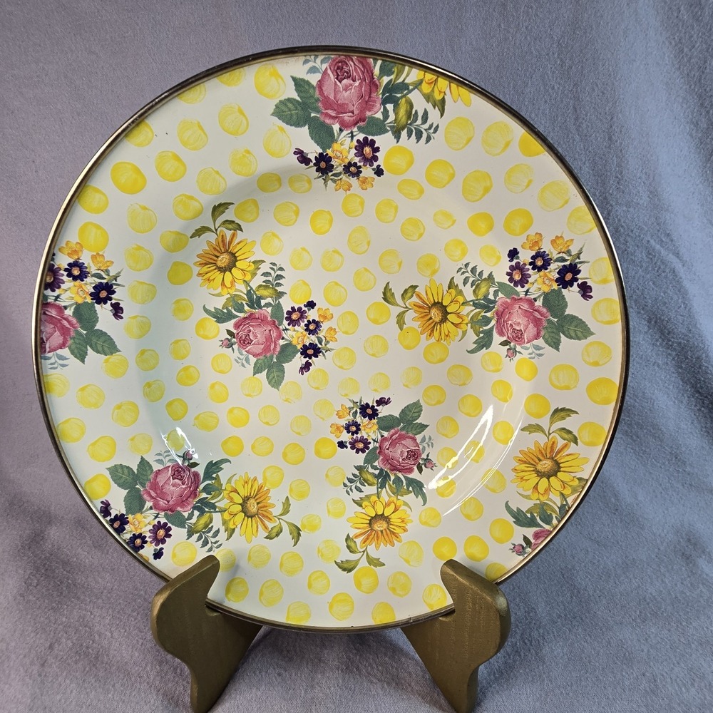 MACKENZiE-CHiLDS Rare, Buttercup- Floral Yellow Polka Dot Plate 9" Dia